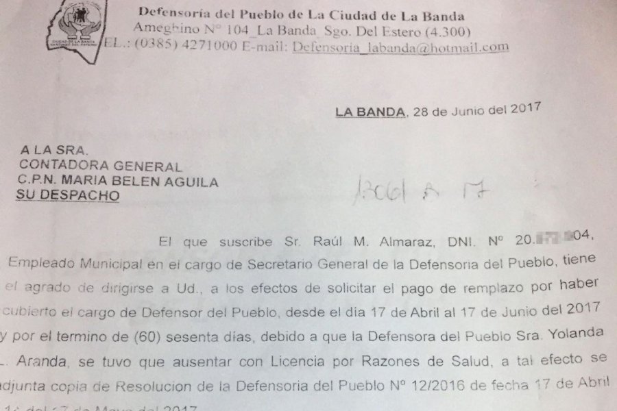 La nota por el cual es esposo de Aranda solicita el pago al Departamento Ejecutivo. La nota por el cual es esposo de Aranda solicita el pago al Departamento Ejecutivo.