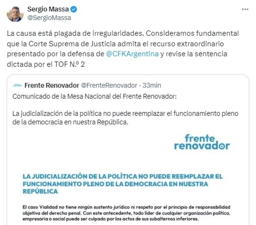 Sergio Massa exigió a la Corte Suprema que revise el fallo condenatorio contra CFK. (Imagen: captura de pantalla)