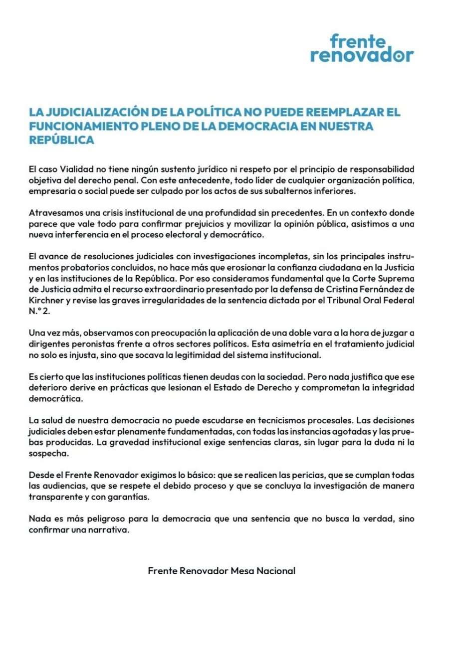 El Frente Renovador expresó su solidaridad con CFK y rechazó al judicialización de la política. (Imagen: captura de pantalla)